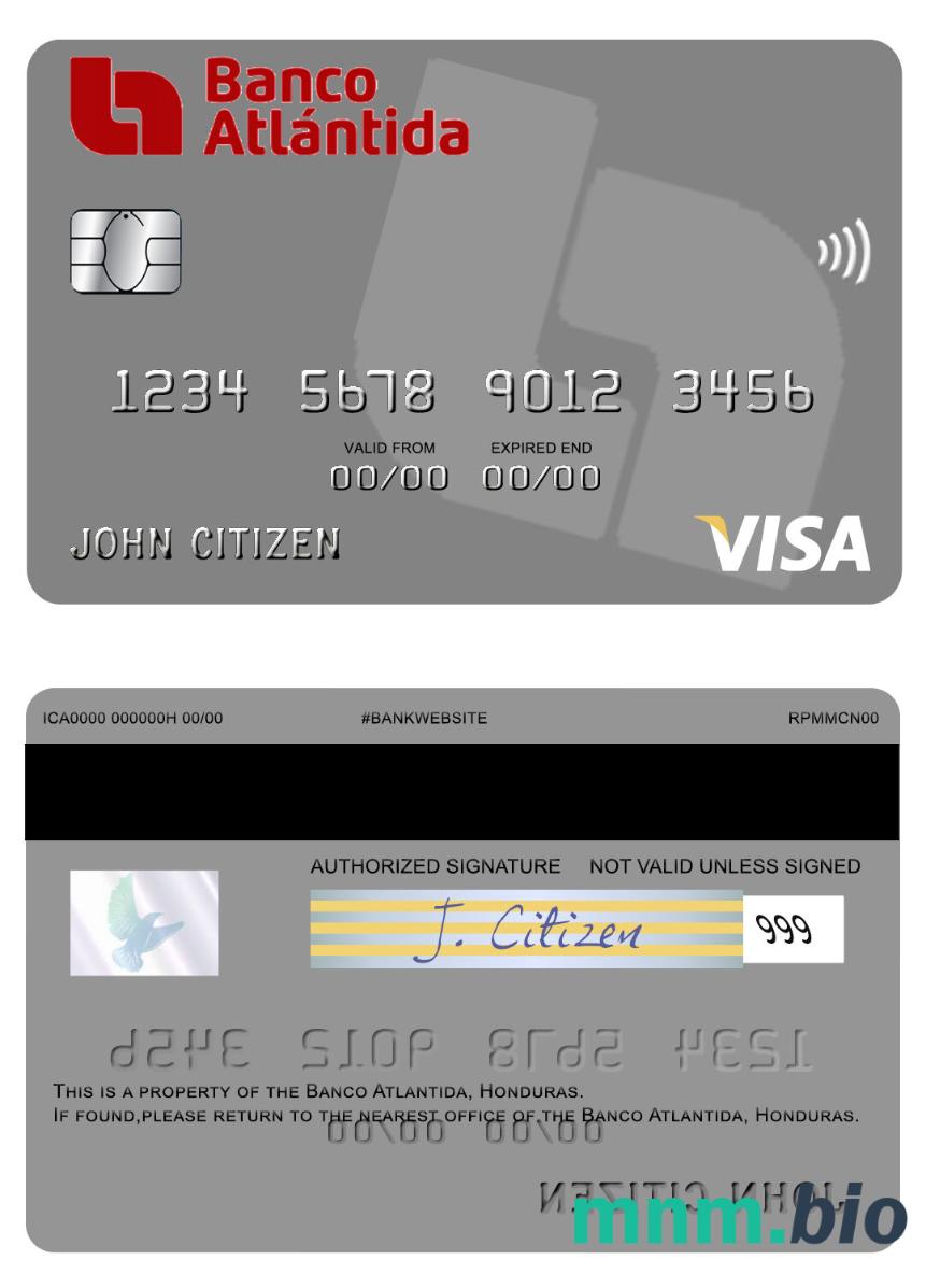 Honduras Banco Atlantida przykład karty visa w formacie PSD